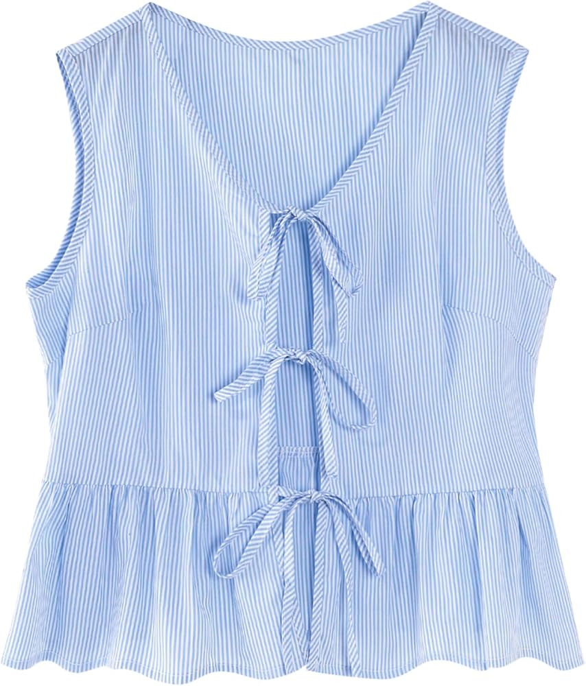 Avanova Women Striped Tie Front Peplum Tank Tops V Neck Sleeveless Ruffled Hem Blouses | Amazon (US)