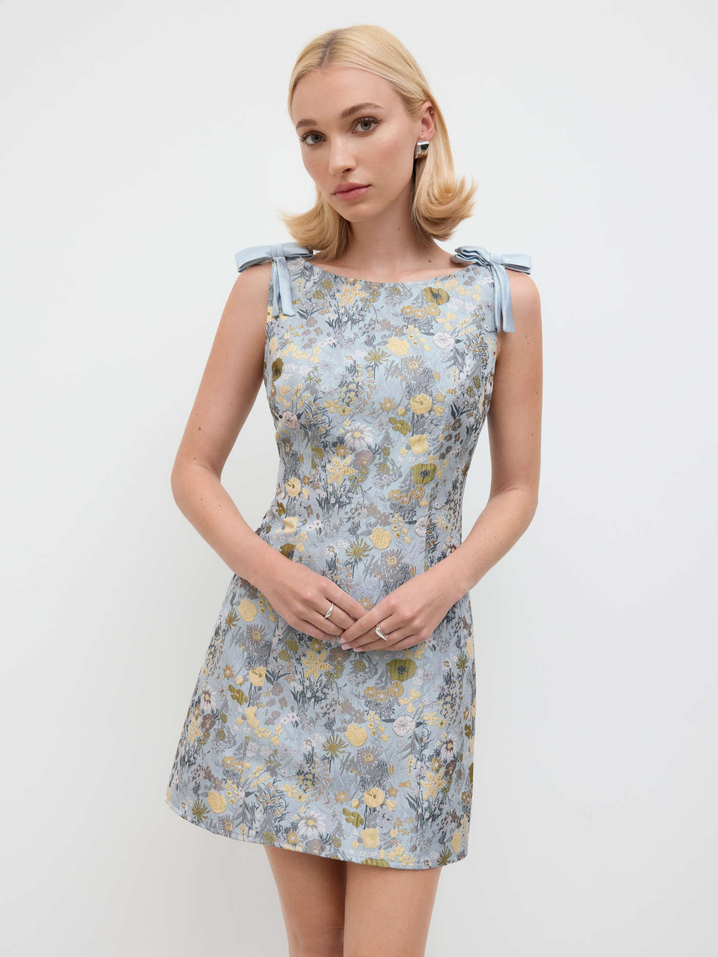 Jacquard Boat Neck Floral Bowknot Mini Dress | Cider