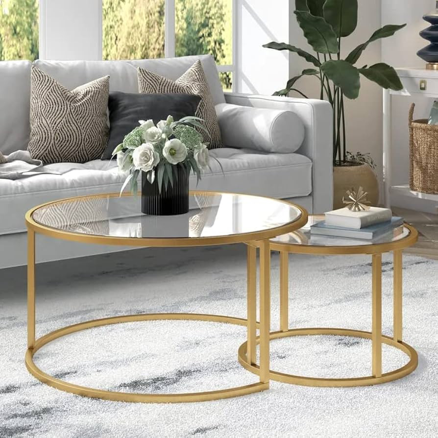 Round Nesting Coffee Table Gold Set of 2 for Living Room, Modern Side Tables with Sturdy Metal Fr... | Amazon (US)