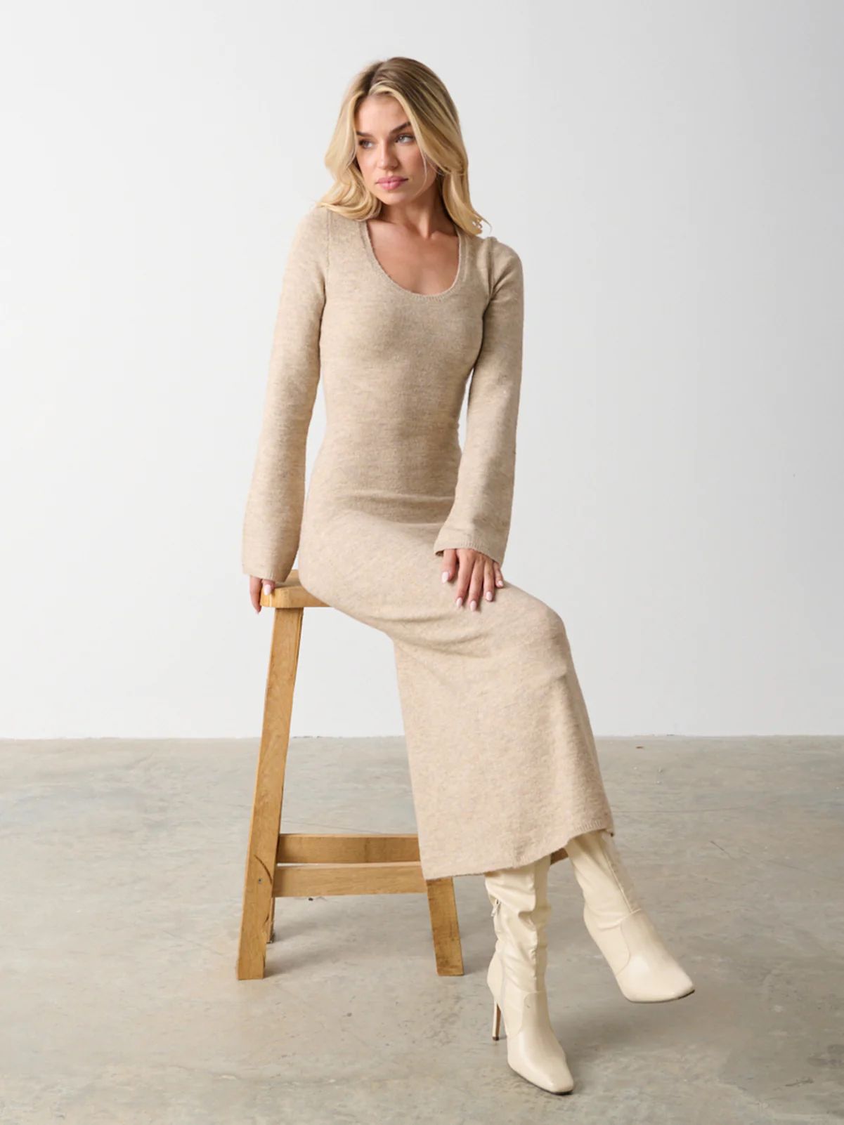 Clara Scoop Neck Knit Dress - Beige | Pretty Lavish (UK)