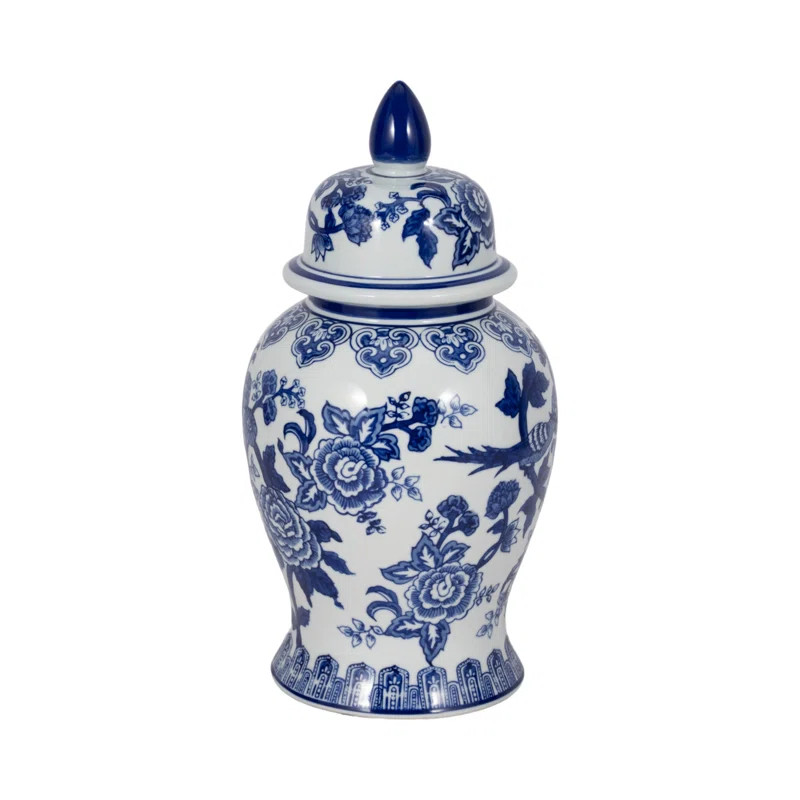 Modern Blue and White Contemporary Chinoiserie Temple Jar | Wayfair North America