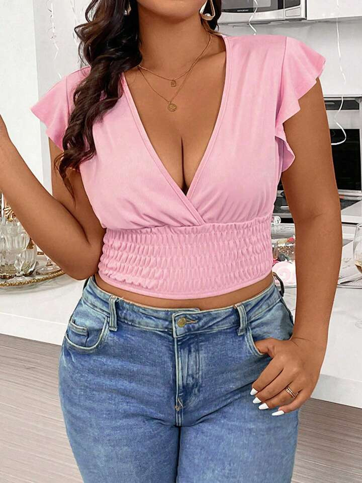 SHEIN Privé Plus Size Women's Shirred Hem Cropped Top With Off-Shoulder Design | SHEIN USA | SHEIN