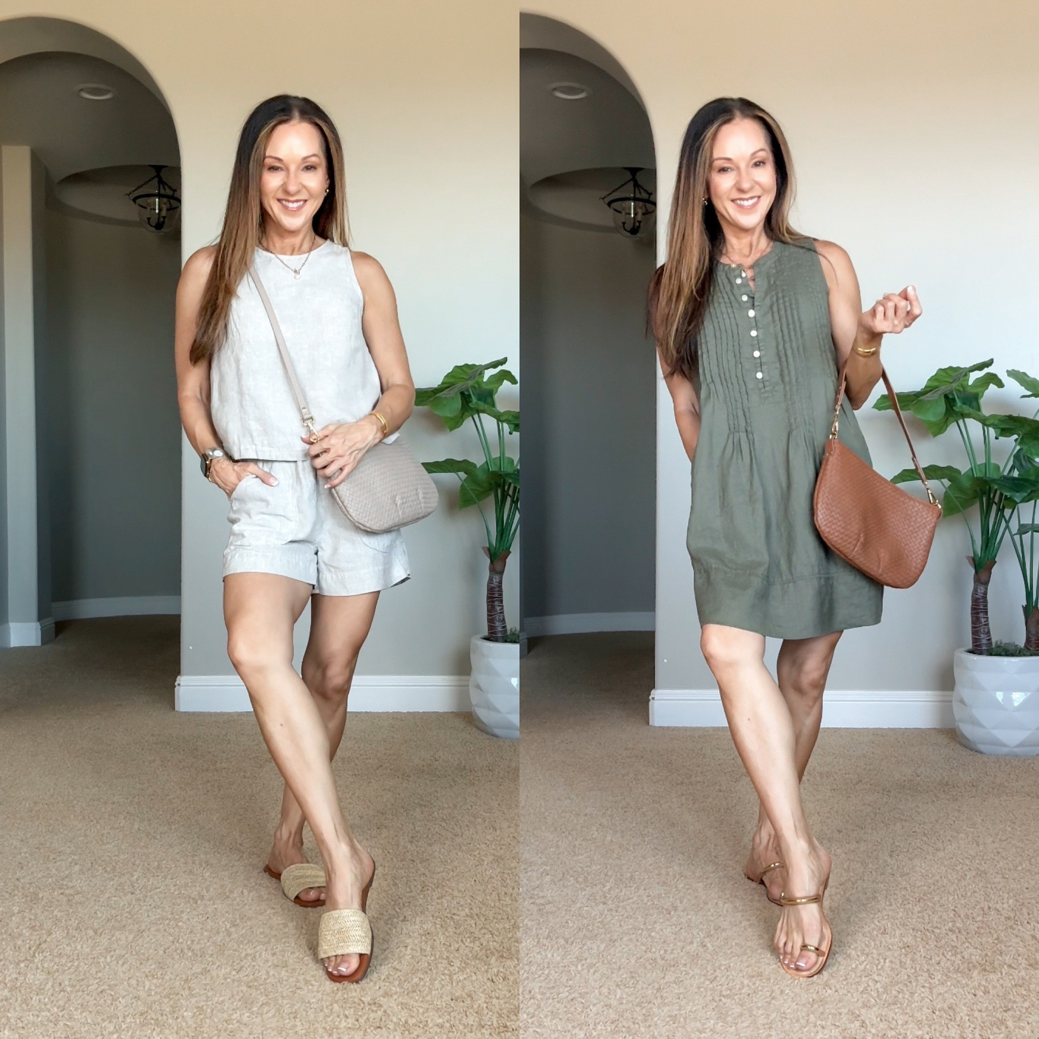@Quince linen is a favorite! Also, love this leather woven crossbody in taupe & cognac
Linen shorts & cropped tank color flax
Dress in Bayberry olive
All size XS, runs TTS. 
For ref: I’m 5’1”, 107lbs
#quincepartner

#LTKPetite #LTKOver40 #LTKootd