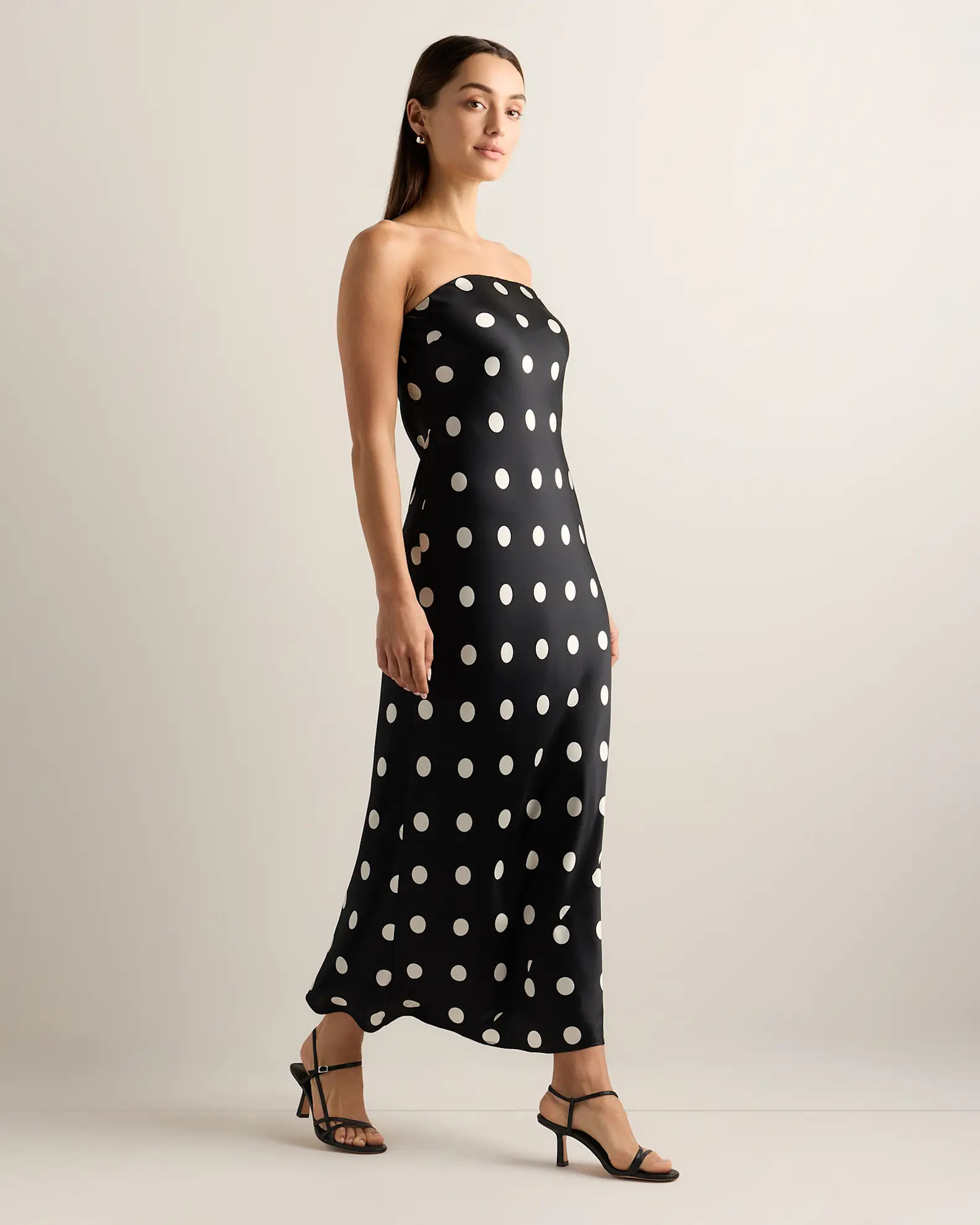 100% Washable Silk Strapless Midi Dress in Noir Large Dot | Quince