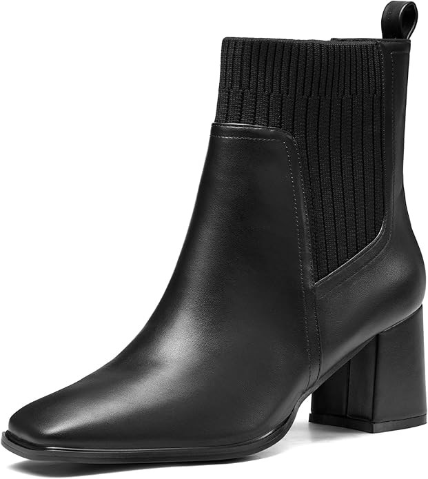 Coutgo Women's Slip On Ankle Boots Chunky Block Heel Square Toe Splicing Dress Sock Booties | Amazon (US)