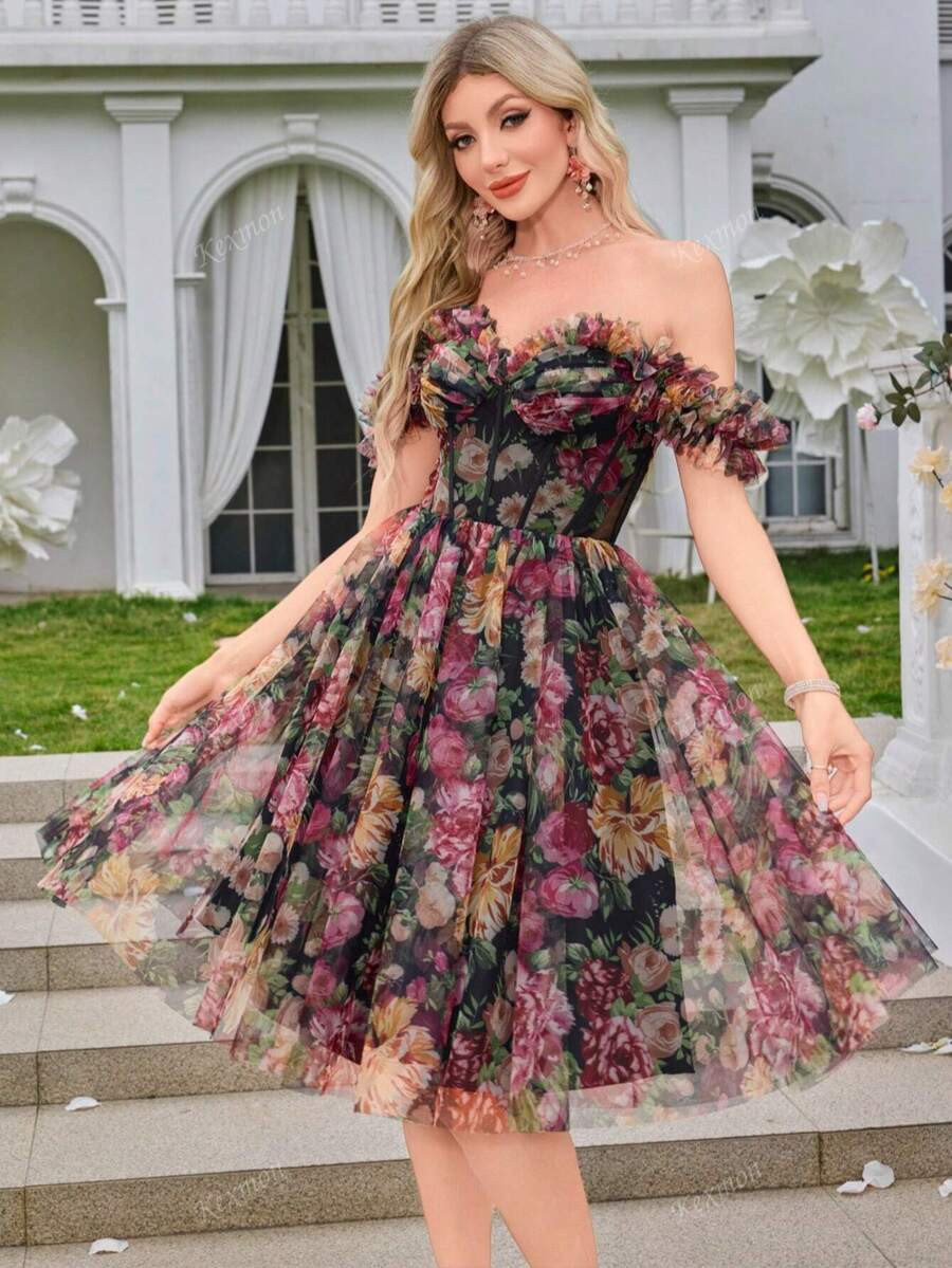 Elegant And Romantic Handmade Floral Decor Off Shoulder Mesh Floral Party Dance Dress For Women, ... | SHEIN