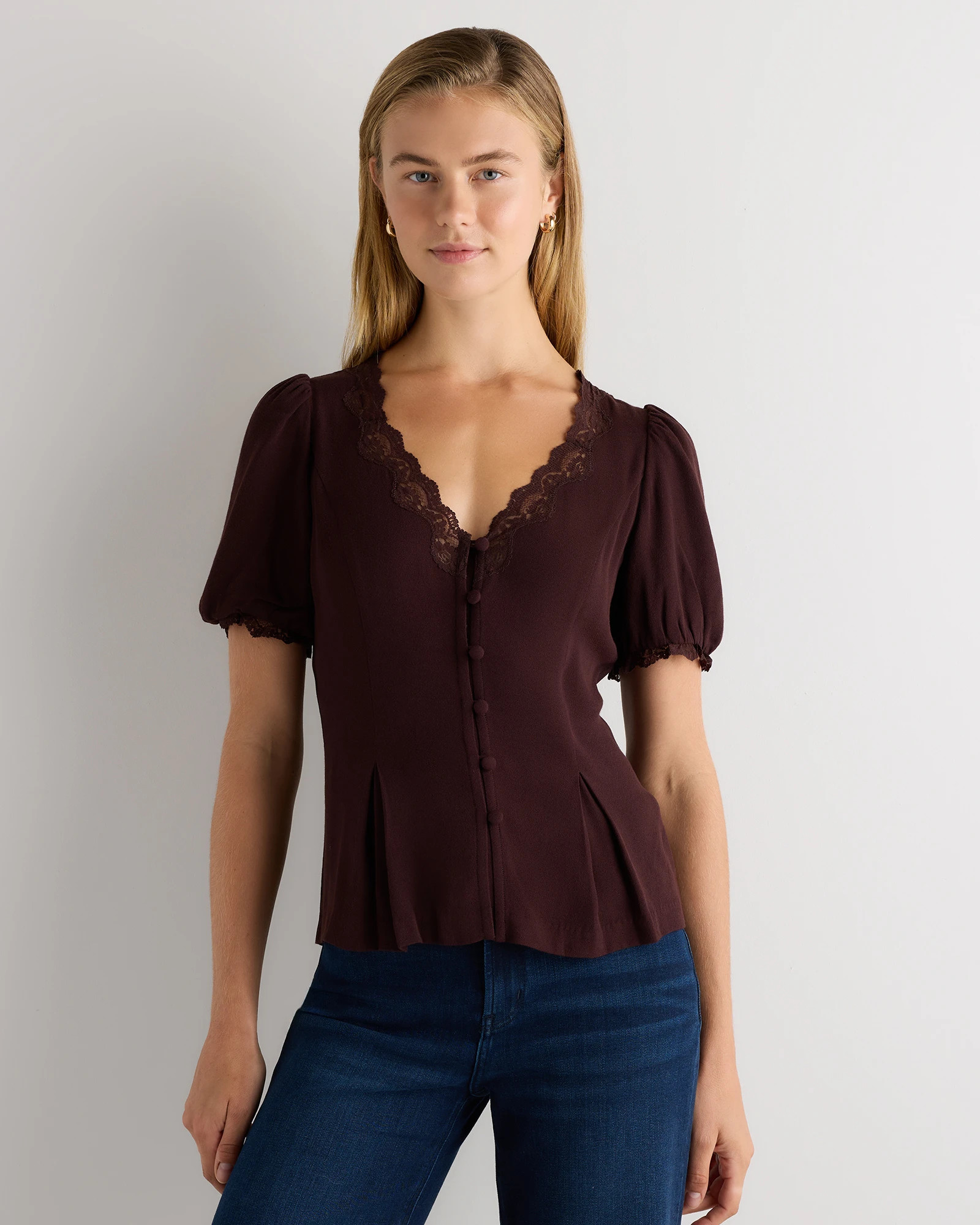 Quince | Women's Lightweight Crepe Lace Puff Sleeve Blouse in Black, Size Large, Viscose | Quince