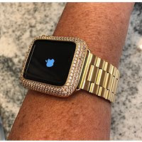 Yellow Gold Apple Watch Band & Or Lab Diamond Bezel Iwatch Band Stainless Steel 38/40 42/44 Case Cov | Etsy (US)