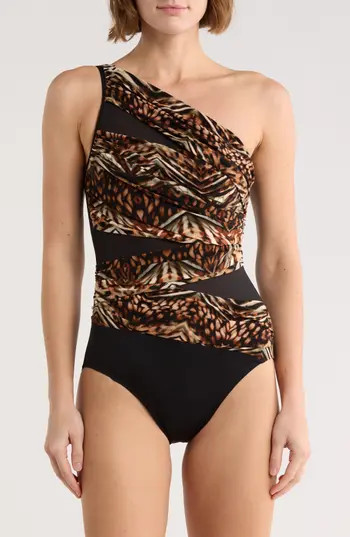 Miraclesuit® Jena Tigress One-Shoulder One-Piece Swimsuit in Black Multi at Nordstrom Rack, Size 14 | Nordstrom Rack