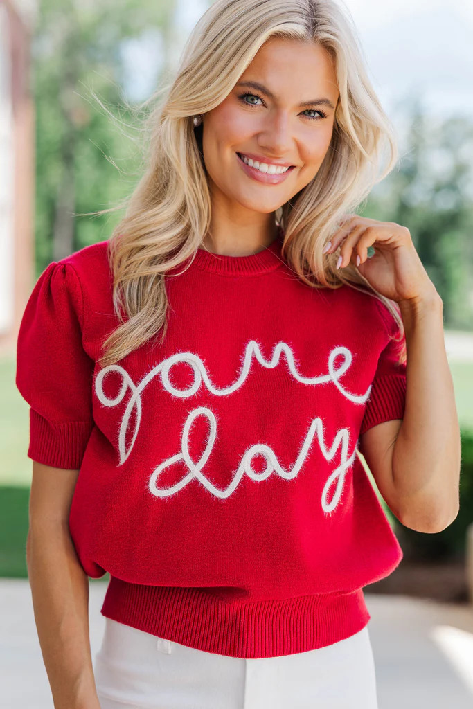 To The Stadium Red Game Day Puff Sleeve Sweater | The Mint Julep Boutique