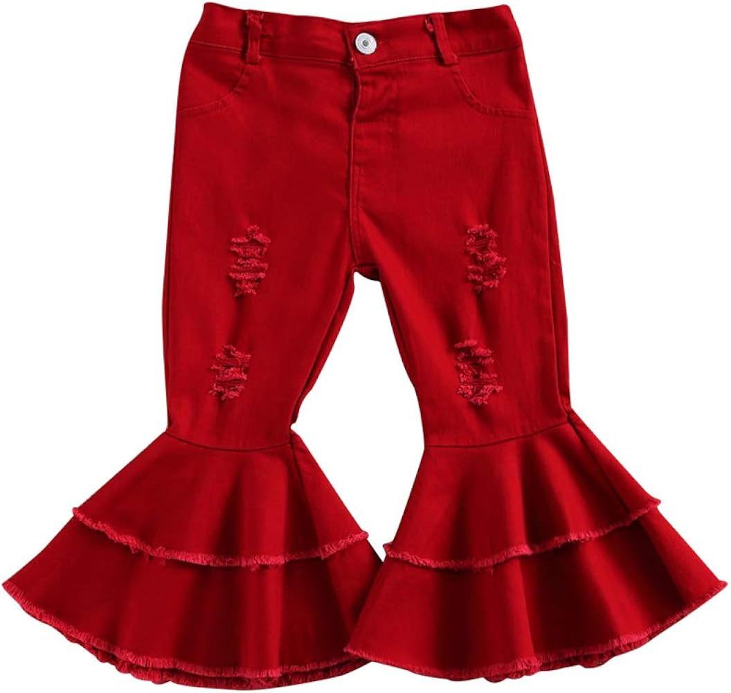 ICECTR Toddler Baby Girls Kid Flared Denim Pants Ruffled Wide Legs Ripped Jeans High Waist Bell B... | Amazon (US)