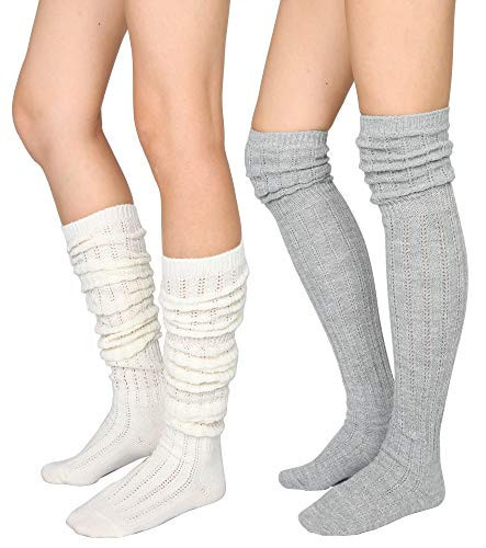 STYLEGAGA Winter Slouch Top Over The Knee High Knit Boot Socks (One Size:XS to M, Slouch Top_2Pair_Ivory Gray) | Amazon (US)