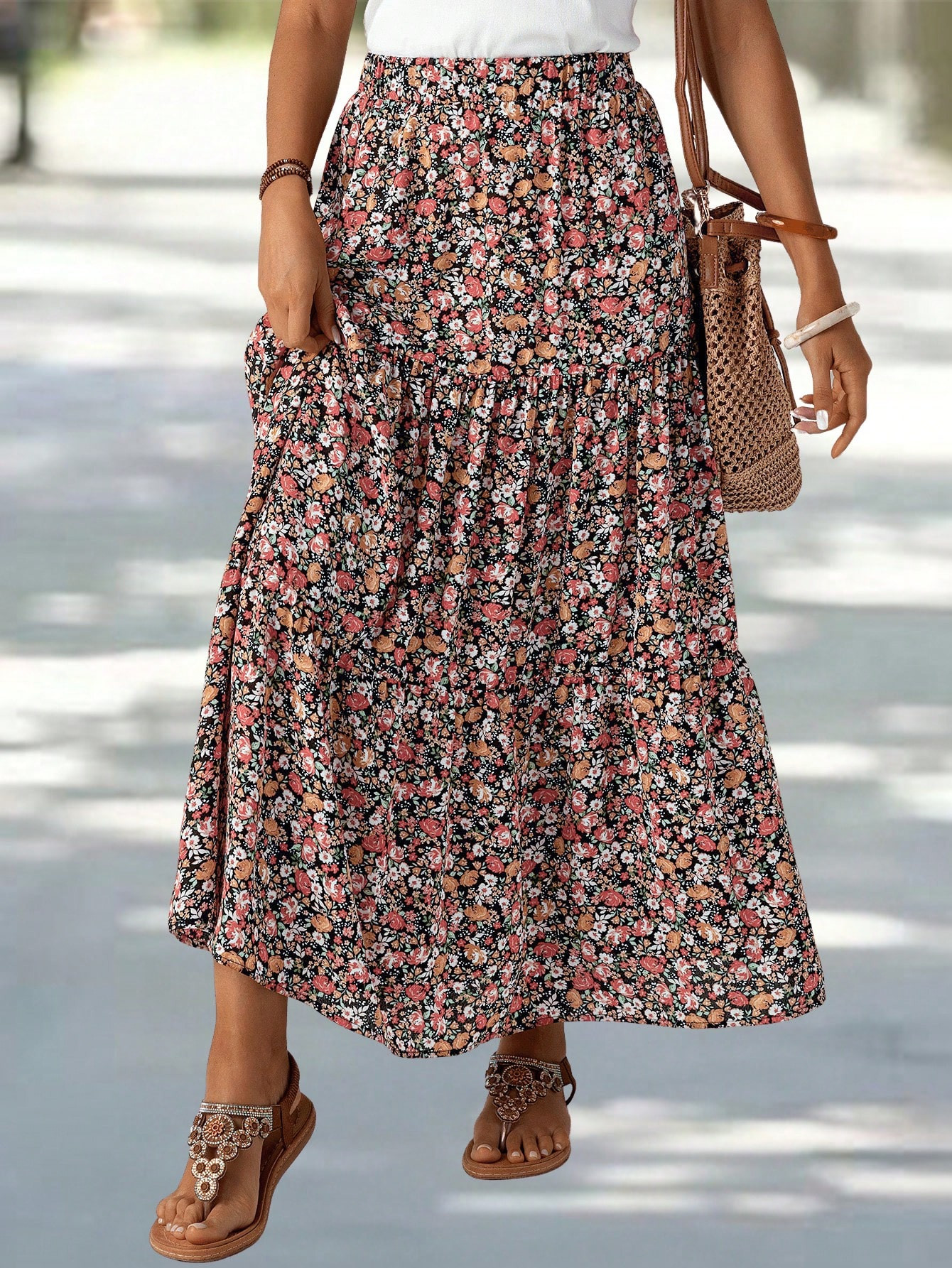 EMERY ROSE Women's Patchwork Floral Print Long Midi Skirt | SHEIN