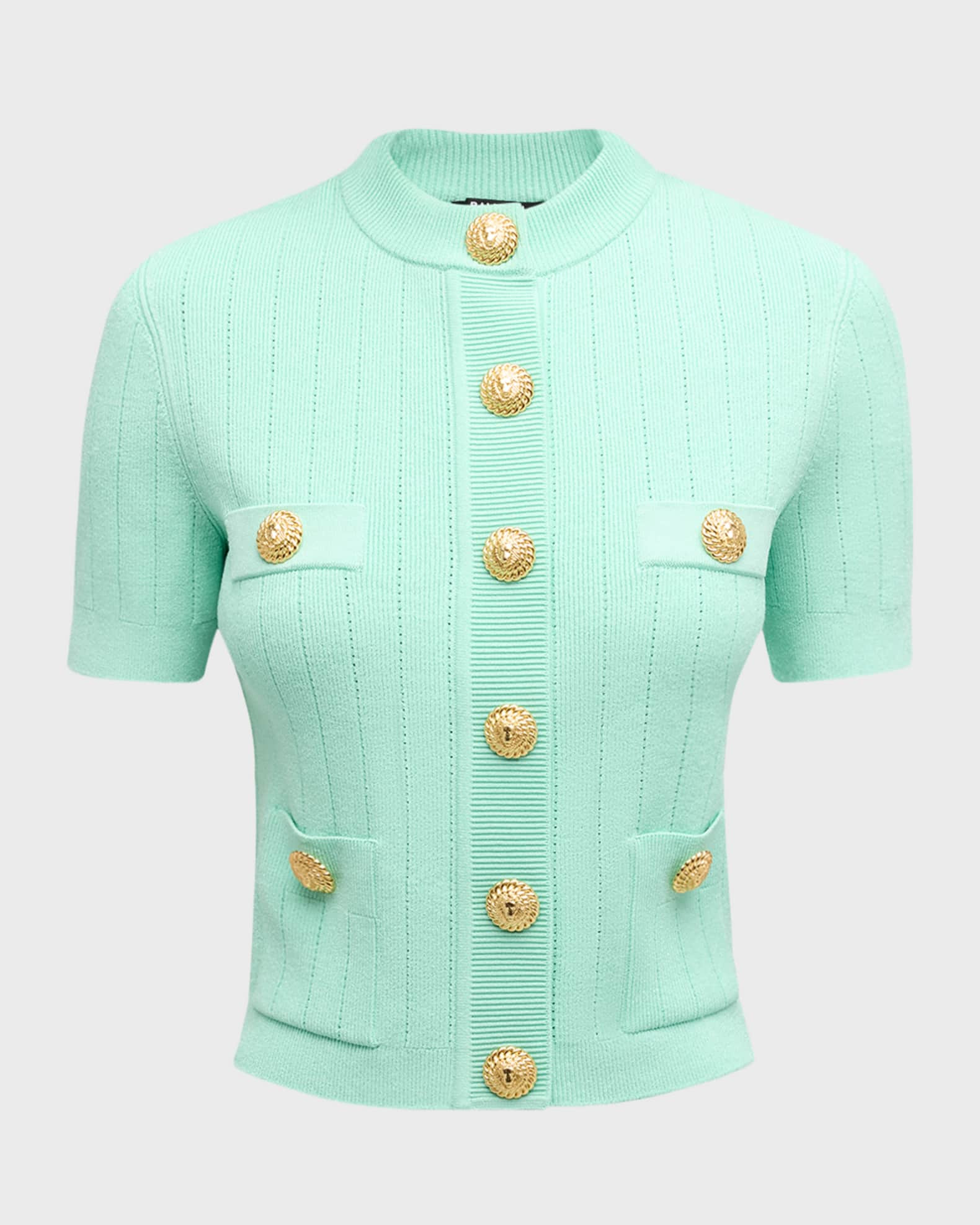 Short-Sleeve Buttoned Pointelle Rib Knit Cardigan | Neiman Marcus