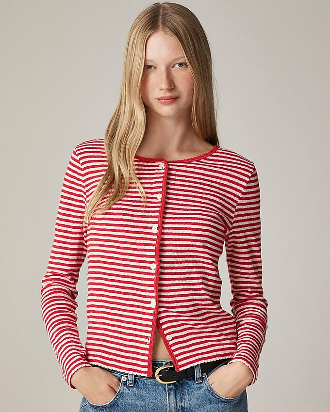 Pointelle crewneck cardigan in stripe | J. Crew US