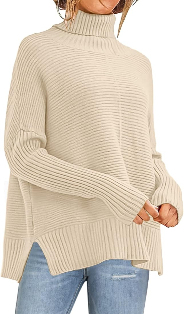 Caracilia Women's Turtleneck Oversized 2022 Fall Long Batwing Sleeve Pullover Knit Tunic Sweater ... | Amazon (US)
