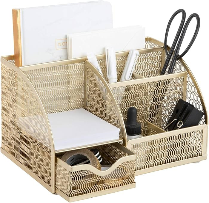 BLU MONACO Gold Small Desk Organizer Caddy Pencil Holder for Office Supplies | Amazon (US)