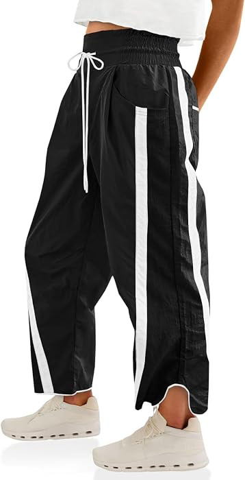 Fisoew Women's Baggy Wide Leg Pants Casual Drawstring Elastic Waisted Contrast Color Workout Y2K ... | Amazon (US)