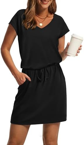 OFEEFAN Summer Dresses for Women 2026 V Neck T Shirt Casual Mini Dresses Tie Waist Sundresses wit... | Amazon (US)