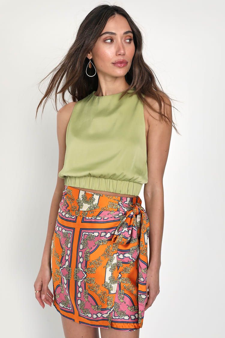 Luxe Essence Orange Baroque Print Satin Wrap Mini Skirt | Lulus