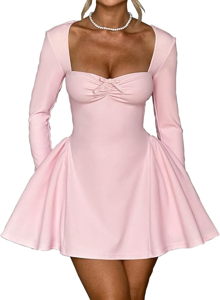 ABINGOO Women Long Sleeve Mini Dress Sweetheart Neckline Bodycon Short Dress Club Cocktail Party ... | Amazon (US)