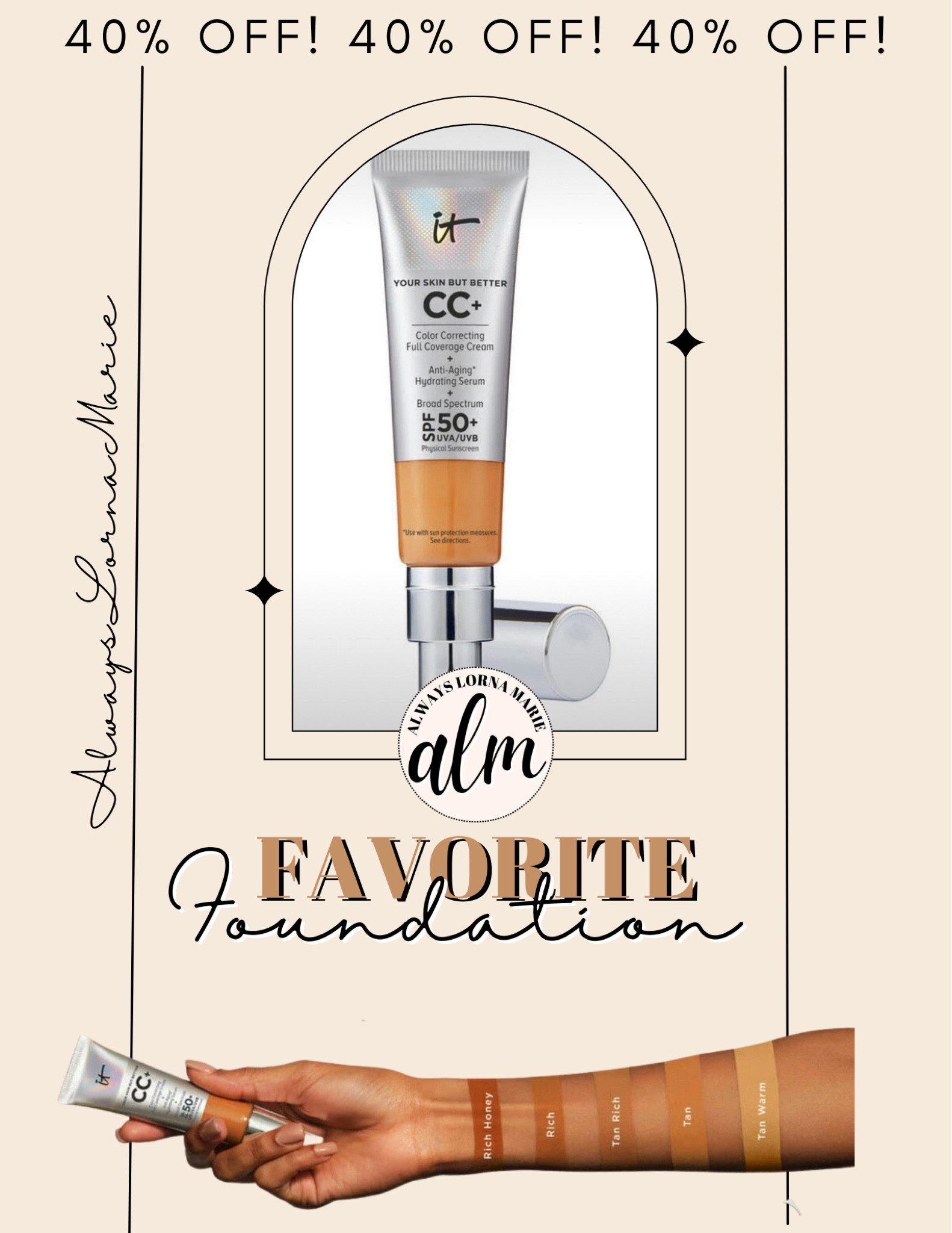 One of my favorite foundations buy Itcosmetics. It wears so well. It has a luminous finish and 40% SPF. it is full coverage and last all day! 

#LTKbeauty #LTKunder100 #LTKunder50