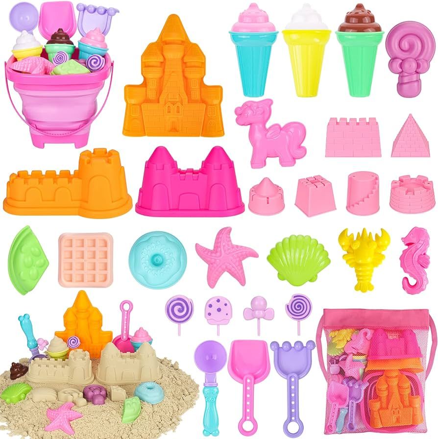 Beach Toys, 30Pcs Ice Cream Sand Toys, Sandbox Toys with Collapsible Sand Bucket and Sand Castle ... | Amazon (US)