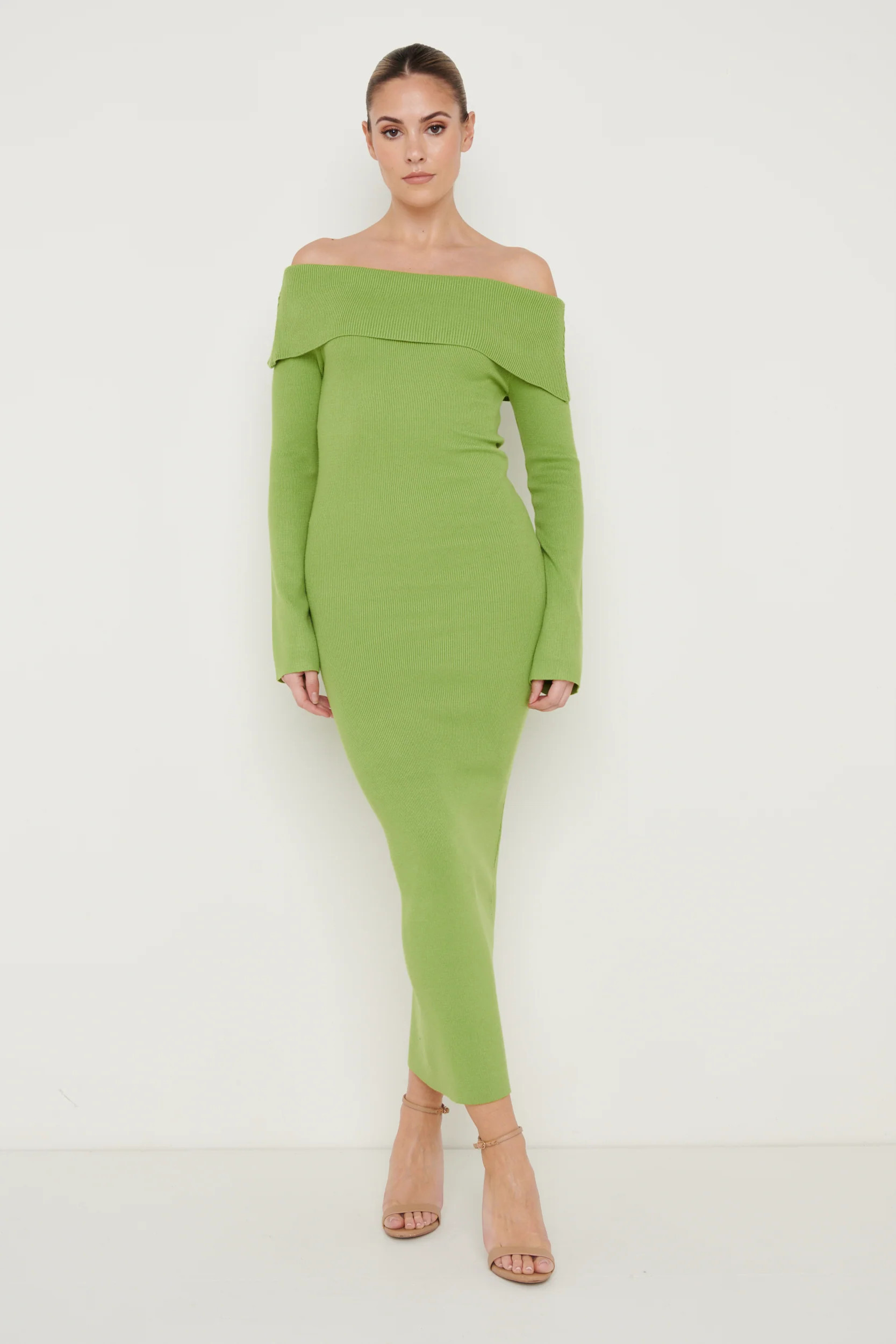 Soreya Bardot Knit Dress - Green | Pretty Lavish (UK)