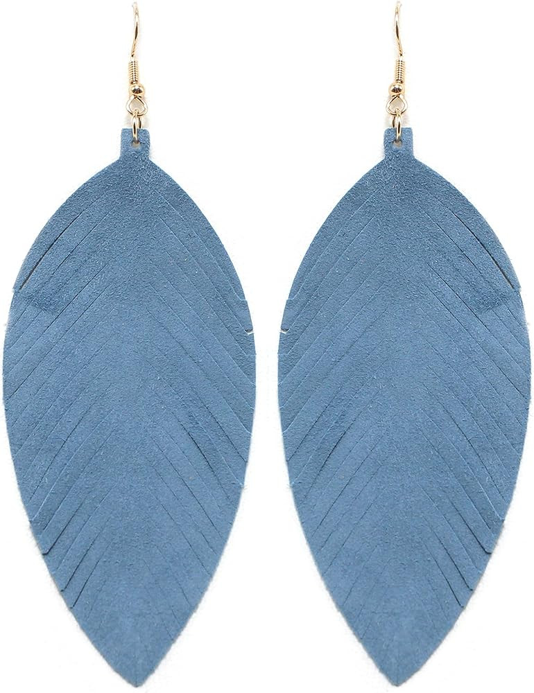 Large Genuine Soft Leather Handmade Fringe Feather Lightweight Tear Drop Dangle Color Earrings fo... | Amazon (US)
