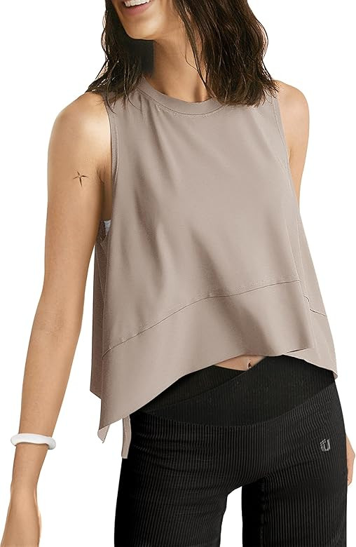 UEU Cropped Tank Tops for Women, Yoga Workout Athletic Shirts, Summer Flowy Split Side Slit Overs... | Amazon (US)