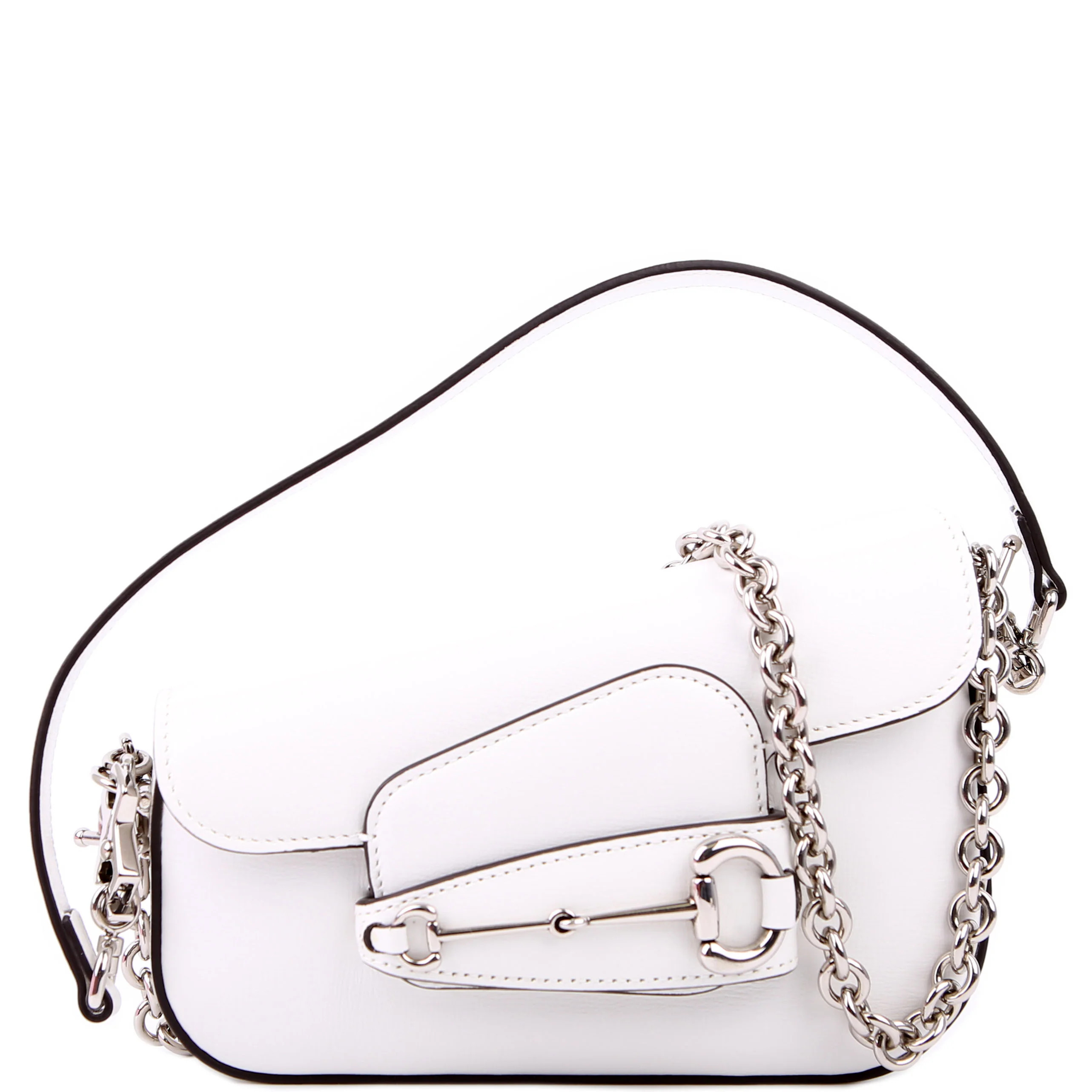 764155 Horsebit 1955 GG Leather Asymmetric Shoulder White | Keeks Designer Handbags