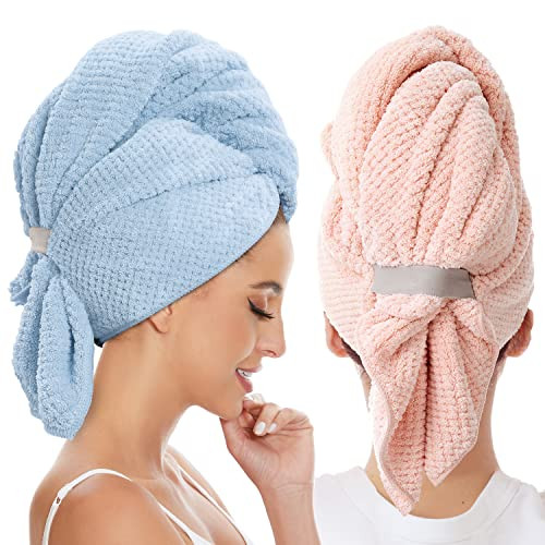 2 Pack Large Microfiber Hair Towel Wrap for Women, Anti Frizz Hair Drying Towels, Fast Dry Hair Turban - for Wet, Long, Thick, Curly Hair - Super Absorbent Soft Towels (Blue & Pink) | Amazon (US)