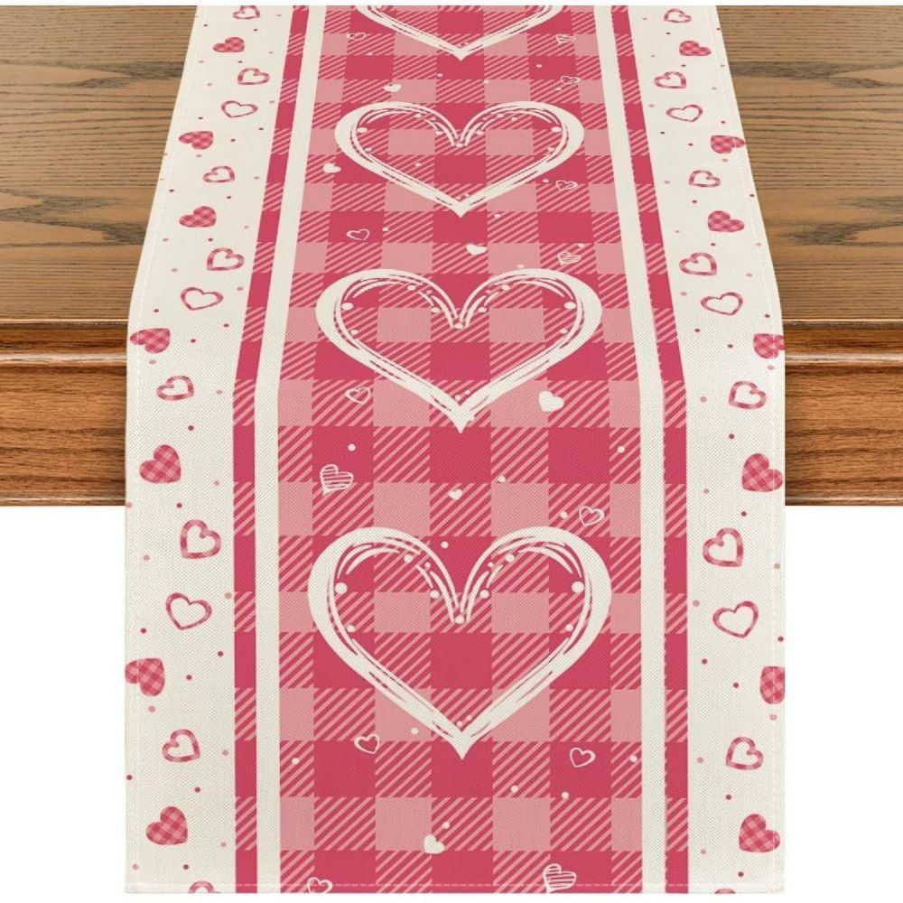 Artoid Mode 13x72"" Pink Buffalo Plaid Love Hearts Valentine's Day Table Runner, Holiday Dining Decor for Home Party Red | Oriental Trading Company