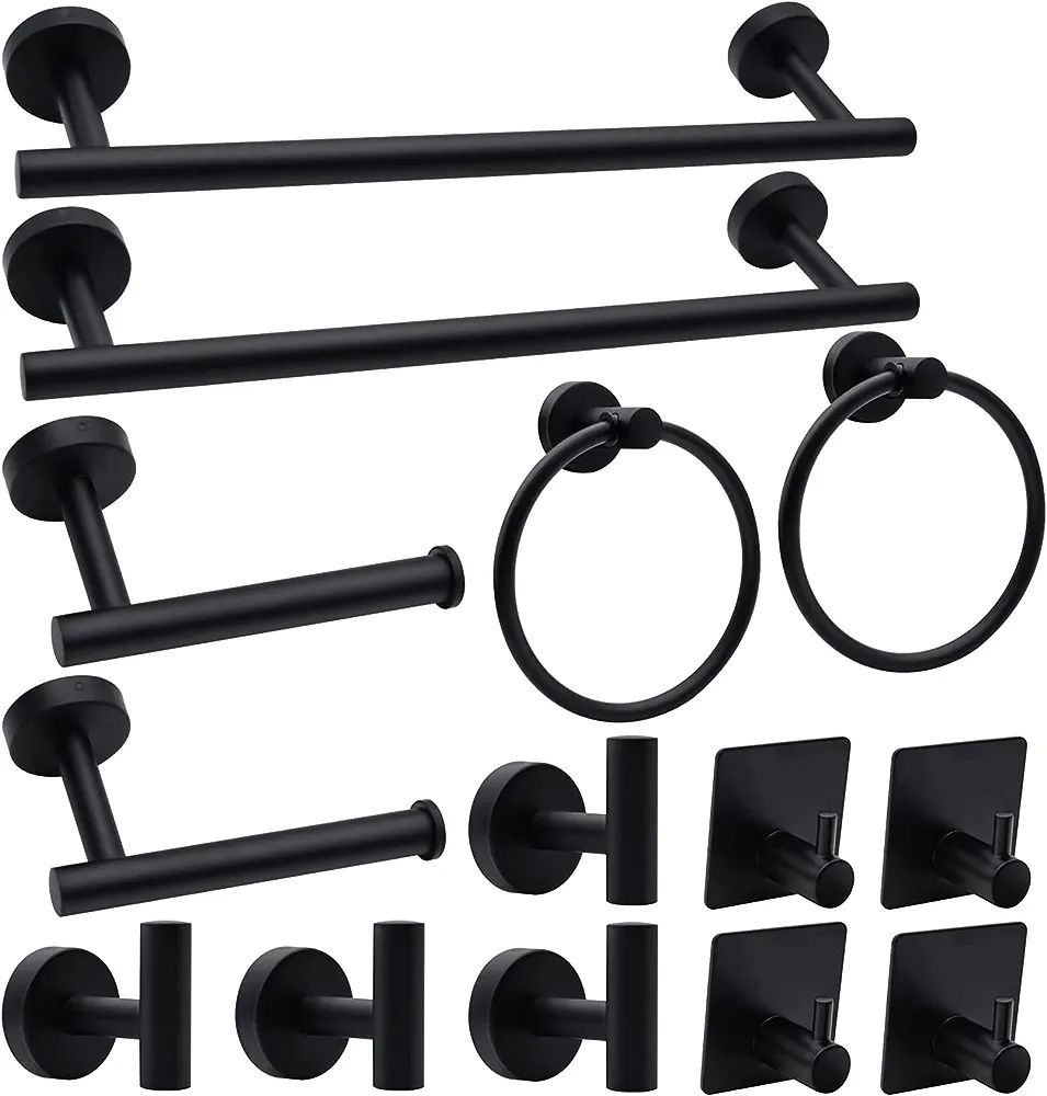 14-Pieces Matte Black Bathroom Accessories Set, Stainless Steel Bathroom Hardware Set, Bath Towel... | Amazon (US)