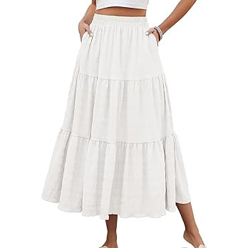 HUSKARY Women's Summer Casual Elegant Smock Layered Tiered Maxi Skirt High Waisted A Line Flowy L... | Amazon (US)