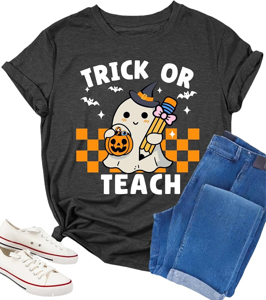 Halloween Teacher Shirts for Women Trick Or Teach Shirts Ghost T Shirt Bookish Tee Funny Cute Sho... | Amazon (US)