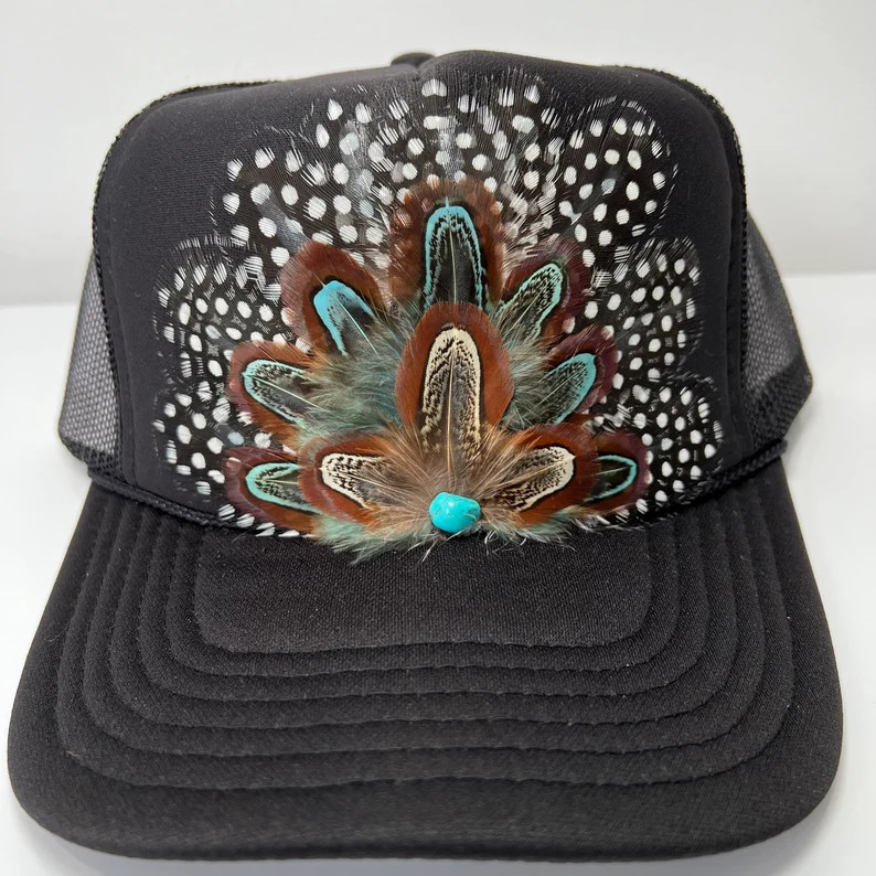 FEATHER Trucker Hat Turquoise Stone Embellished Trucker Hat SPOTTED Black White With Teal Blue - ... | Etsy (US)