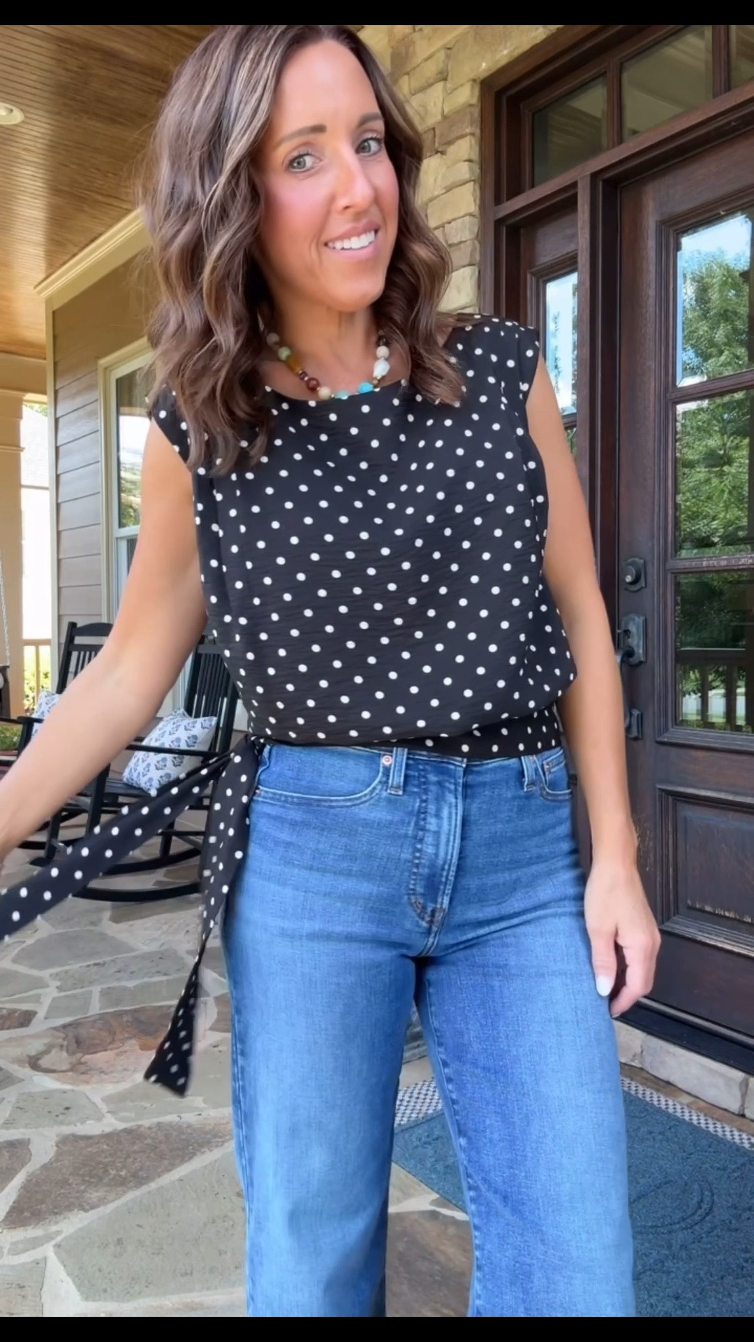 Tie waist polka dot top. 
Top XS. Jeans TTS, 25.

#LTKootd #LTKSeasonal #LTKSaleAlert