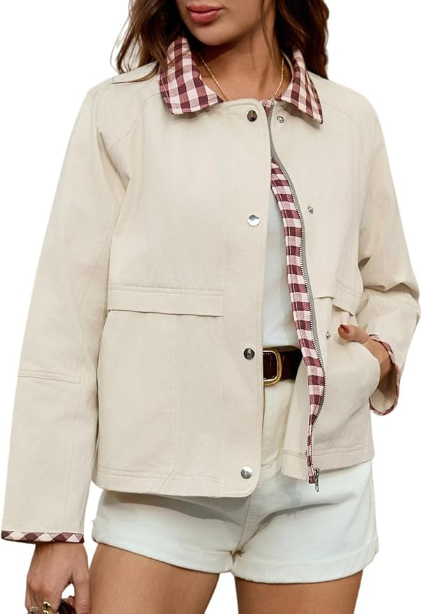Women Cropped Bomber Jacket Zip up Plaid Barn Coat Lightweight Casual Gingham Spring Cargo Outwea... | Amazon (US)