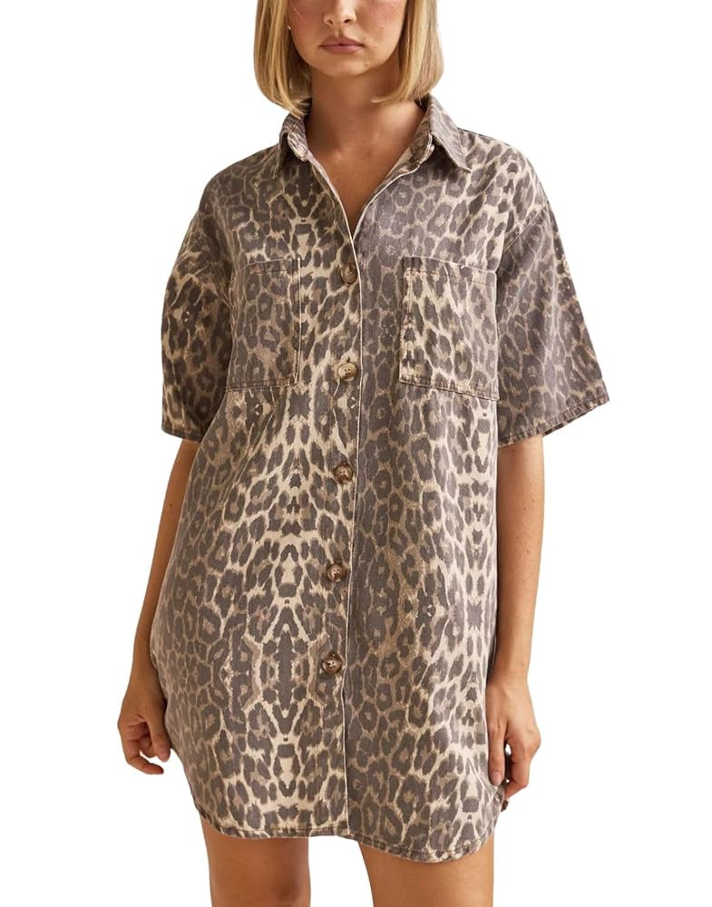 chouyatou Women's Vintage Leopard Denim Button Down Shirt Dress Casual Short Sleeve Distressed Je... | Amazon (US)