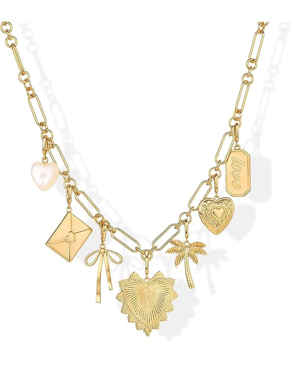 PAVOI 14K Gold Plated Chunky Charm Necklace Pack for Women | Statement Paperclip Chain Necklaces ... | Amazon (US)