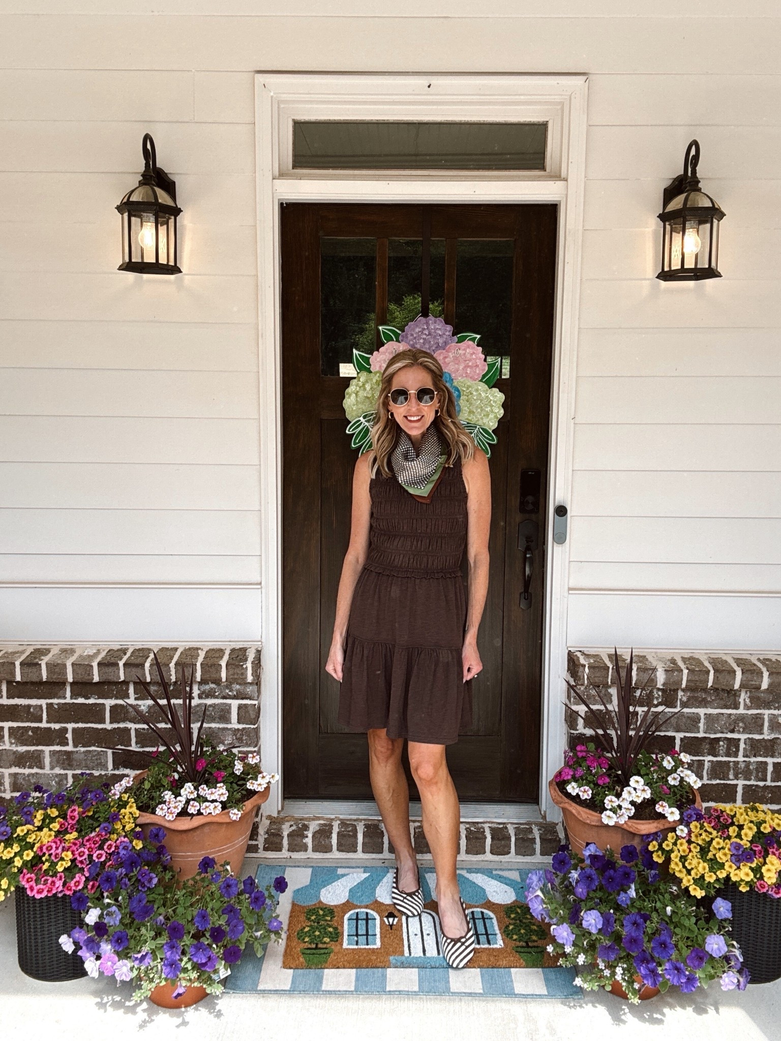 Under $20 new Walmart arrival cute dress that I added these Fun brown and white striped flats and Amazon scarf  