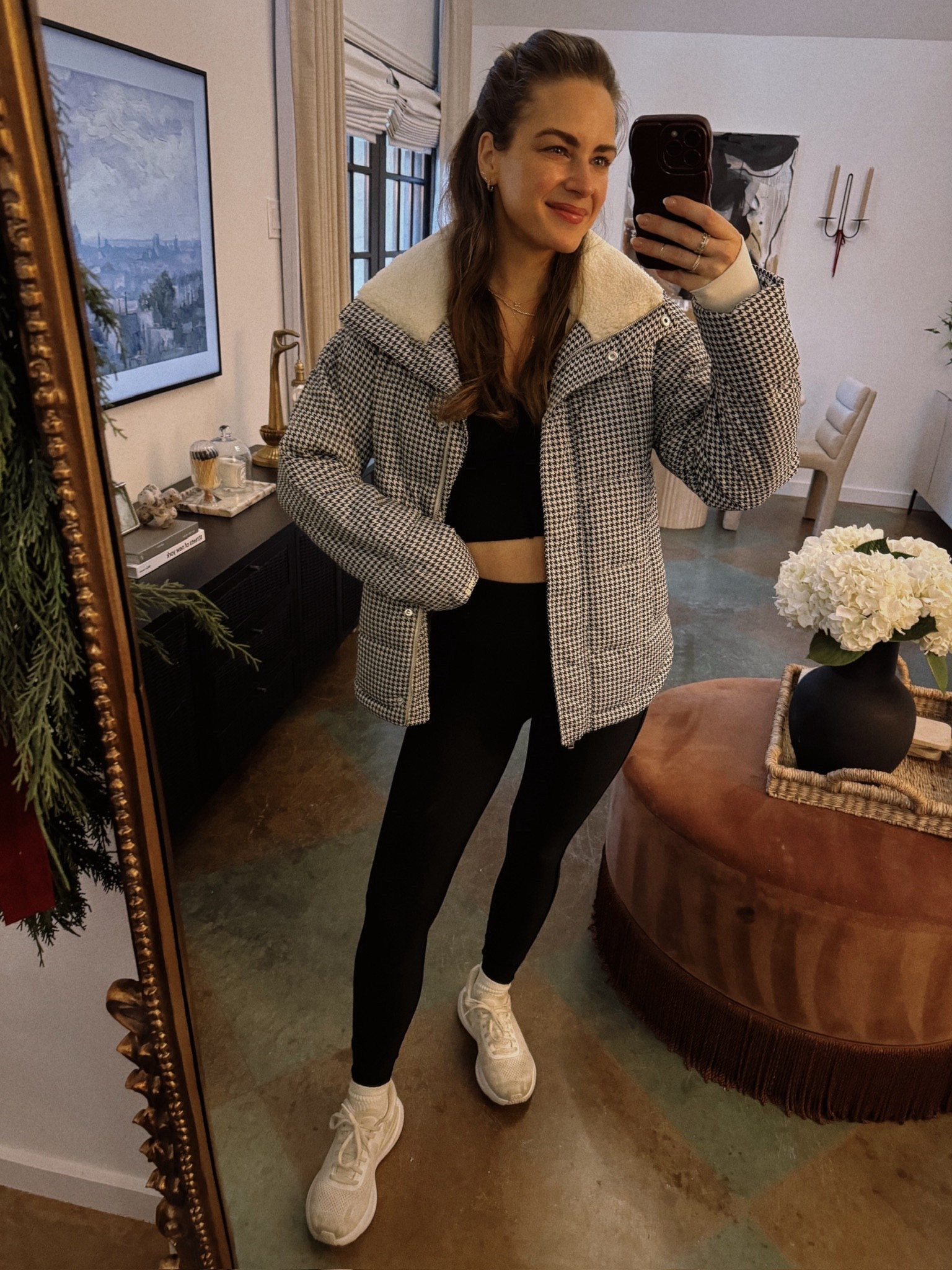 #AbercrombiePartner This new set got me up before the kids did. I am so excited to be partnering with @abercrombie to share a quick morning workout vlog today! My full outfit is from AF YPB. It may look like a standard black set from far away, but it has a subtle velvet detail down the sides & on the matching sweetheart top that I love. Especially for this time of year & paired with the houndstooth jacket. It comes in other colors but I couldn’t pass up this fun print!

I have these leggings in a few colors. They have the perfect amount of compression to hold you in during workouts, but are comfortable enough to wear all day. I will link everything with sizing info & more YPB favs in my @shop.ltk here. #liketkit

Top - Small
Leggings - Small
Jacket - XS
