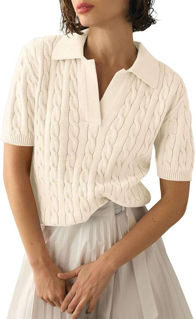 Women's T Shirt Lapel Neck Short Sleeves Blouses Knit Ribbed Tee Tops Solid Color Dressy Pullover... | Amazon (US)