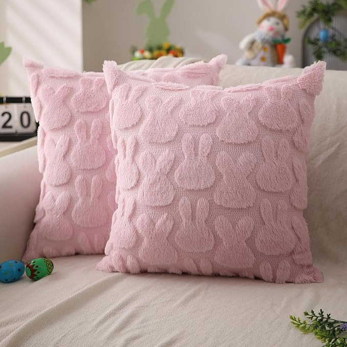 DFXSZ Easter Pillow Covers 18x18 inch Set of 2 Easter Decoration Pink Rabbit Soft Plush Faux Fur ... | Amazon (US)