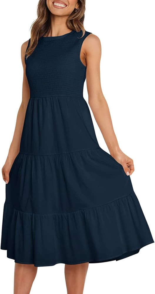 ANRABESS Women's Summer Sleevelesss Smocked Sundress Elastic Waist Tiered Swing A Line Beach Midi Dr | Amazon (US)