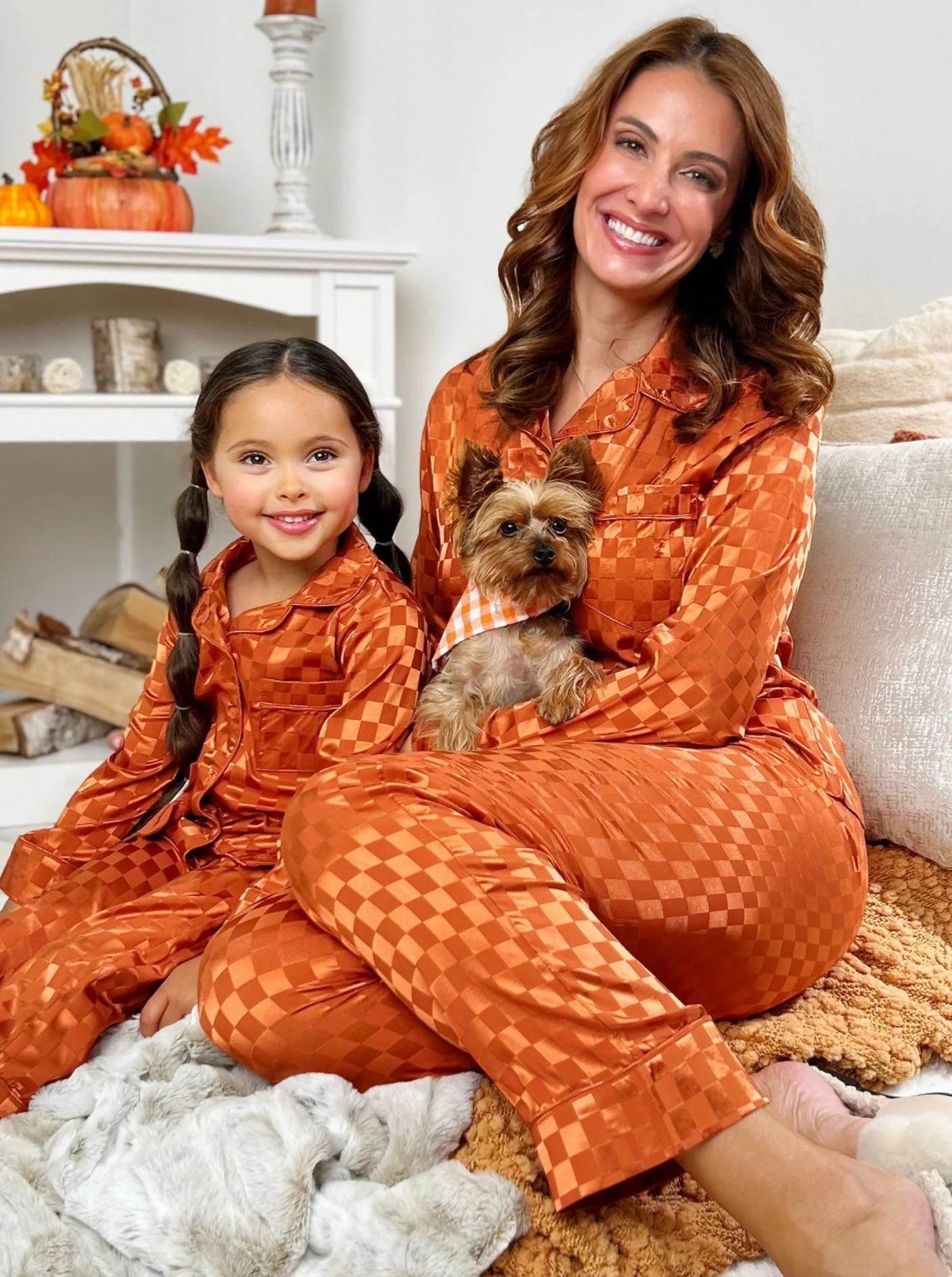 Mommy and Me Pumpkin Spice Checkered Silk Pajamas | Mia Belle Girls