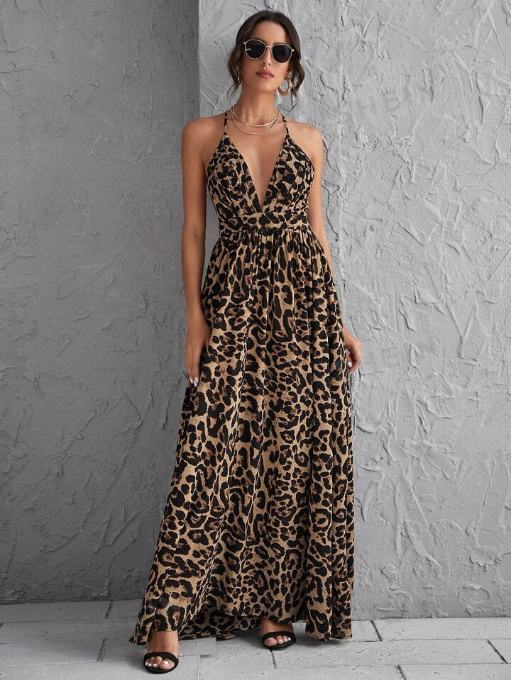 SHEIN VCAY Plunging Neck Crisscross Open Back Leopard Dress | SHEIN