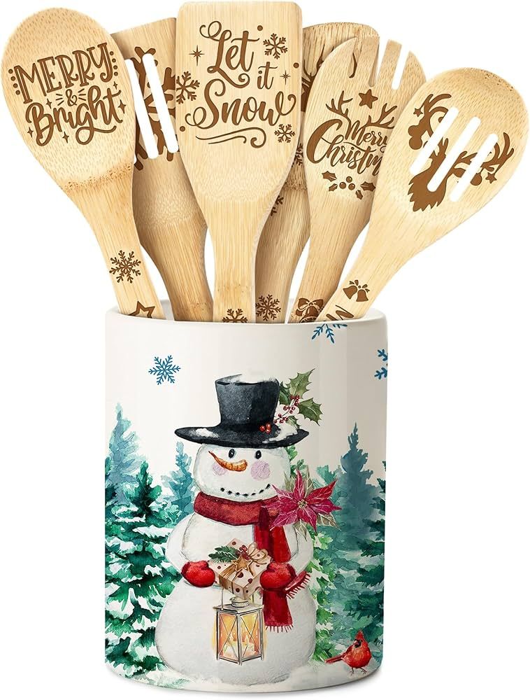 Christmas Utensil Holder, Ceramic Kitchen Utensil Holder with Bamboo Spoons as Christmas Kitchen ... | Amazon (US)