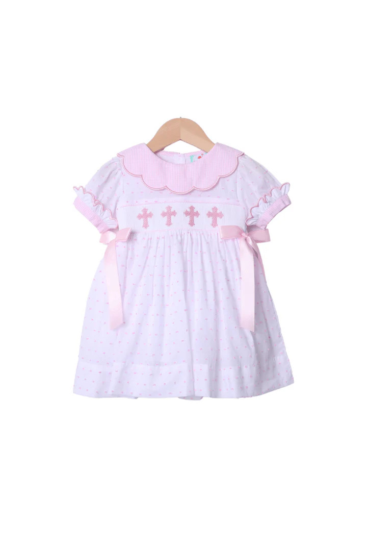 Smocked Pink Swiss Dot Cross Dress | The Smocked Flamingo